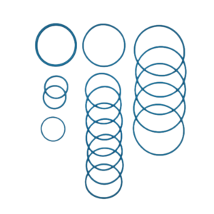 Blue sealing rings arranged in columns on a white background