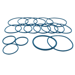 Blue sealing rings arranged in groups on a white background